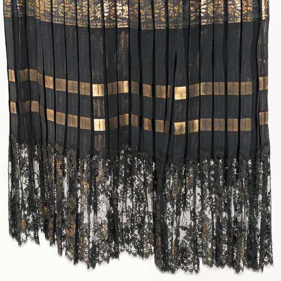 Jean Paul Gaultier Black Silk Gold-Foil Pleated Lace-Hem Midi Skirt - Picture 6 of 13